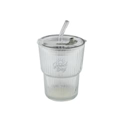 A glass ice coffee cup with a clear body, ribbed design, and a straw, featuring a lid and a logo.