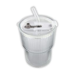 A drink cup featuring a clear, ribbed design with a grey drinking straw and a spill-proof lid.