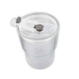 A clear glass ice coffee cup with a ribbed design and a white straw lid featuring a locking mechanism.