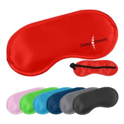 A collection of satin sleep eye masks in various colours including red, pink, green, blue, and grey. One has a logo.