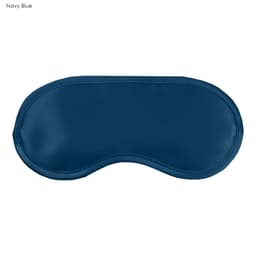 A navy blue satin sleep eye mask with a smooth finish and contoured shape. It features a logo.