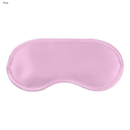 A pink satin sleep eye mask with a smooth surface and curved design. It features a logo on one side.