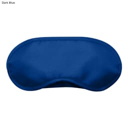 A dark blue eye mask designed for sleep, featuring a smooth fabric and a logo.