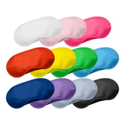 A collection of fabric eye masks in various colours, including white, pink, red, yellow, green, blue, purple, grey, and black.