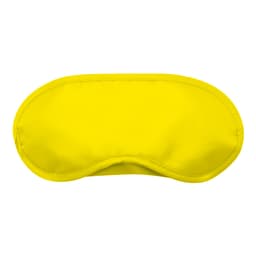 A bright yellow sleep eye mask with a smooth texture and a simplistic design. It features a logo on the surface.
