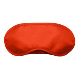 An orange sleep eye mask with a smooth texture and a contoured shape. It has a logo on it.