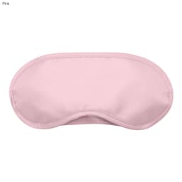 A pink sleep eye mask with a smooth surface and contoured shape, featuring a logo.