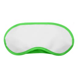 A sleep eye mask in white with a bright green border, featuring a simple, curved design and a logo.