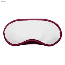 A maroon sleep eye mask with a white front surface and a contoured shape. It features a logo on one side.