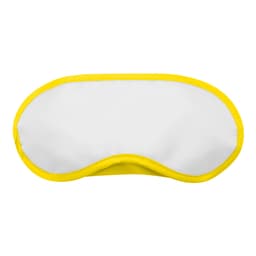 A sleep eye mask in white with a bright yellow trim, featuring a logo on one side.