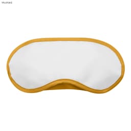 A sleep eye mask in white with a mustard yellow trim, featuring logo branding.
