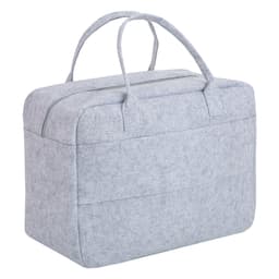 A grey felt travel bag with two handles and a zip closure, featuring a front pocket and a minimalistic design.