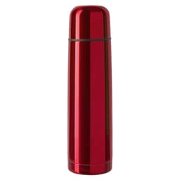 A drink bottle with a sleek, shiny red finish, featuring a simple design and a logo.