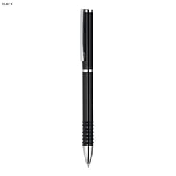 A black metal pen with a sleek design and a silver clip, featuring a textured grip. Branding is present on the pen.