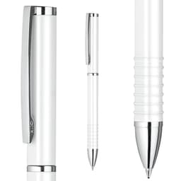A white metal ball pen features a chrome clip and polished tip, showcasing a sleek and modern design with a textured grip.