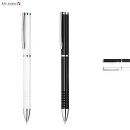 A metal pen set featuring a white pen and a black pen with chrome accents, alongside a close-up of the black pen's grip.