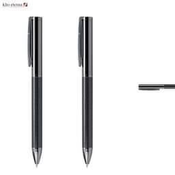 A sleek black metal pen with a carbon fibre grip and a clip, featuring a logo.