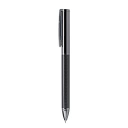 A metal ball pen with a sleek black carbon finish and chrome accents, featuring a clip and a branding logo.