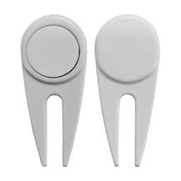 A white plastic golf divot repairer featuring a two-pronged design and a round top. It includes a logo.