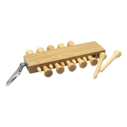 A bamboo golf tee set featuring multiple wooden tees and a clip for easy carrying.