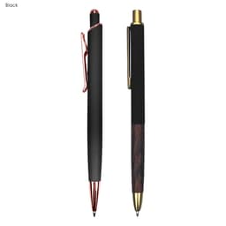 A black metal pen set featuring a sleek design with gold and rose gold accents, presented in a gift set.