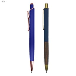 A blue metal pen set featuring a stylish pen with a copper clip and another with a wooden accent. Includes branding.