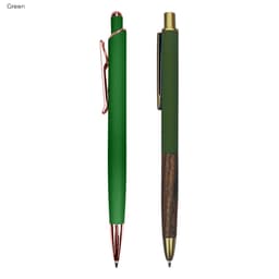 A green metal pen gift set with a wooden accent, featuring two stylish pens and a logo.