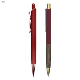 A set of two metal pens with a deep red finish and one featuring a wooden accent. A logo is visible.