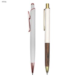 A metal pen gift set featuring a white pen with rose gold accents and a white and wood-toned pen.