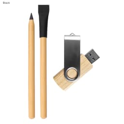 A bamboo pencil, a bamboo stylus, and a metal USB drive in a wooden casing. All items are predominantly natural tones.