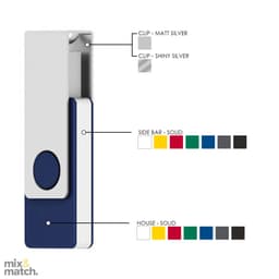 A clip with a matte silver clip, navy blue base, and options for various coloured solid sides. Features a logo.