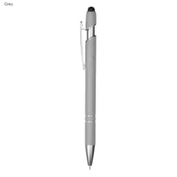 A grey pen with a clip and a stylus tip. Includes branding on the body.