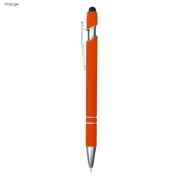 An orange pen with a silver clip and tip, featuring a stylus on the end.