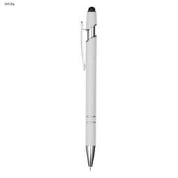 A white pen with a silver clip and tip, featuring a stylus end and a smooth design.