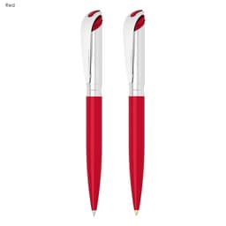 A red pen and pencil set with silver accents and a branded logo. Ideal for office or business use.