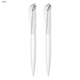 A set of two white pens with silver accents, featuring a sleek design and a branded logo.