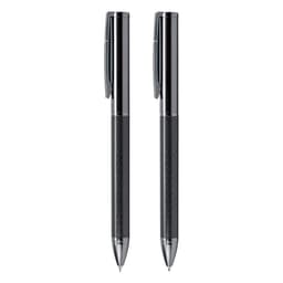 A sleek gift set featuring a carbon-finished pen and pencil, both in a polished chrome design.