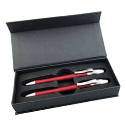 A red metal pen gift set featuring two pens, displayed in a black presentation box with a fitted interior.