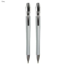 A grey metal pen gift set featuring two pens with a sleek design and silver accents. Includes a branding logo.