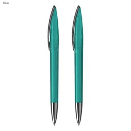 A set of two blue plastic pens with silver accents, featuring a sleek design and clear barrel.