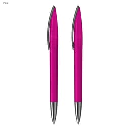 A set of two pink plastic pens with silver accents and a logo.