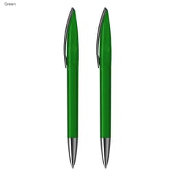 A green pen gift set featuring two plastic pens with silver accents and a branding logo.