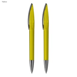A set of two yellow plastic pens with silver accents and a branding logo on the barrel.