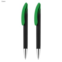Aster Signature Pen Gift Set featuring two pens with black bodies and vibrant green grips. Includes a branding logo.