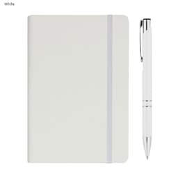 A white A5 notebook with a grey elastic band and a matching white pen. The notebook has a logo on the cover.