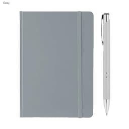 A grey A5 notebook with a matching elastic band and a silver pen beside it. The notebook features a logo on the cover.