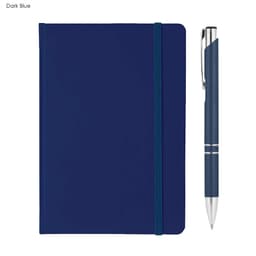 A dark blue A5 notebook with an elastic band and a matching pen, featuring a logo.