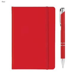 A red A5 notebook with an elastic band closure and a matching pen, featuring a silver trim.