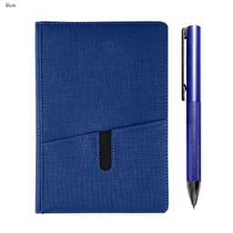 A blue notebook with a textured cover and a matching blue pen. The set includes a pocket for storing notes.