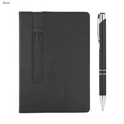 A black Finch notebook with a pen beside it, featuring a sleek design and a pocket for storage.
